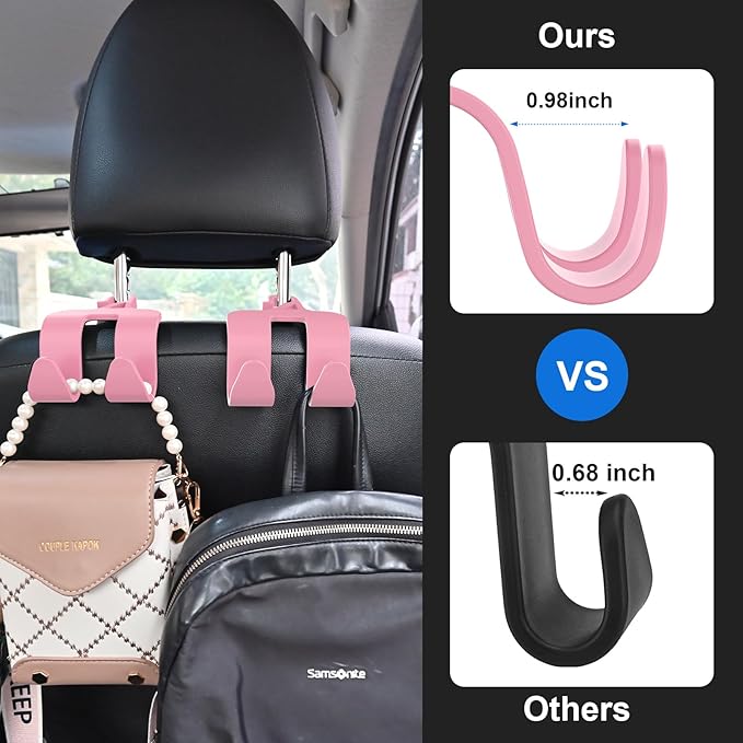 Car Headrest Hooks, Upgraded 2 in 1 Car Storage Headrest Hanger Holder Hooks Organizer, Universal Vehicle Backseat Hanger Interior Accessories for Handbag Purse and Bag Pink 2 Pack (CH06-Pink)