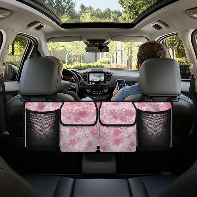 Dreaweet Pink Cherry Blossom Trunk Organizer for Car Women Hanging Back Seat Storage with 4 Pockets Collapsible Car Cargo Trunk Storage Organizer Bag for Truck,SUV,Van with Adjustable Straps