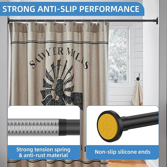 CorkLatta Matte Black Shower Curtain Rod,1 Inch Diameter Stainless Steel Adjustable Spring Tension Rods 32 to 68",with Holders,Anti-Slip,Curtain Rods No Drilling(1 Pack)