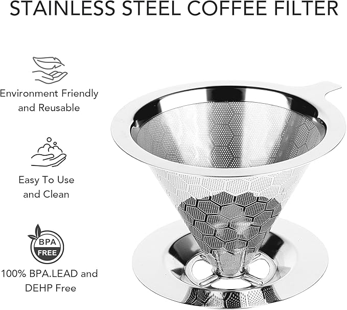Pour over Coffee Maker, Reusable Metal Coffee Filter, Single Cup Pour over, Stainless Steel