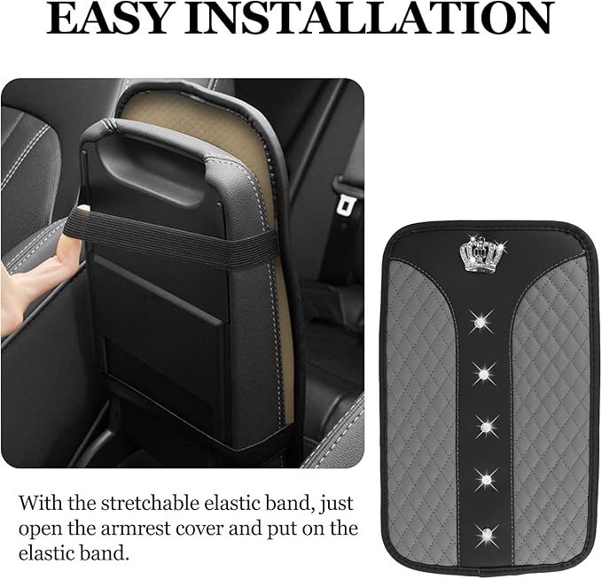Bling Crown Car Center Console Cover, 12.7"×7.7" Armrest Cover for Cars, Waterproof Leather Arm Rest Box Pad Cushion, Universal Middle Console Cover Protector, Car Accessories (Gray)