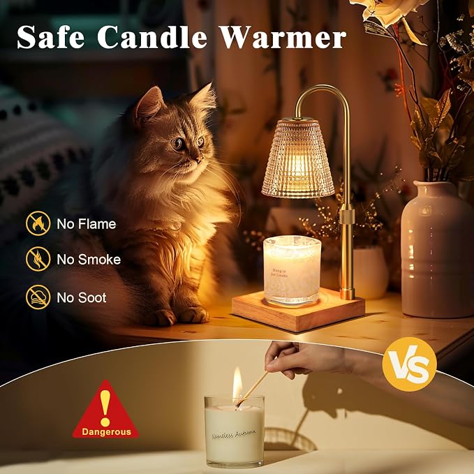 Hong-in Adjustable Height Candle Warmer Lamp with Timer Dimmer,Birthday Gifts for Women Mom,House Warming Gifts New Home Room Decor,Vintage Wax Warmer for Scented Wax Jar Candles(Amber)