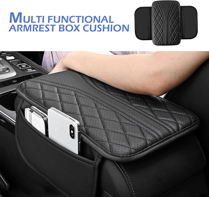 Car Center Console Cover, Strong Support Waterproof Armrest Box Booster Cushion, Leather Slow Rebound Armrest Box Cover with Side Storage Pocket, Universal Elbow Protection Pad (Black)