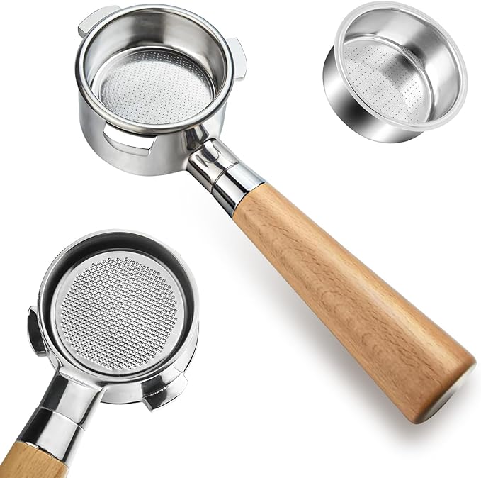 NKU 51mm Bottomless Portafilter 3 Ears with Puck Screen & Filter Basket, Natural Wood Handle, Fits CASABREWS CM5418 & 3700 Series Espresso Machines
