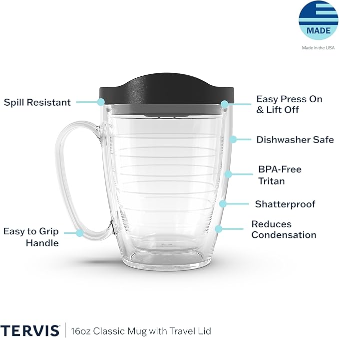 Tervis Clear & Colorful Lidded Made in USA Double Walled Insulated Tumbler Travel Cup Keeps Drinks Cold & Hot, 16oz Mug, Blue Lid