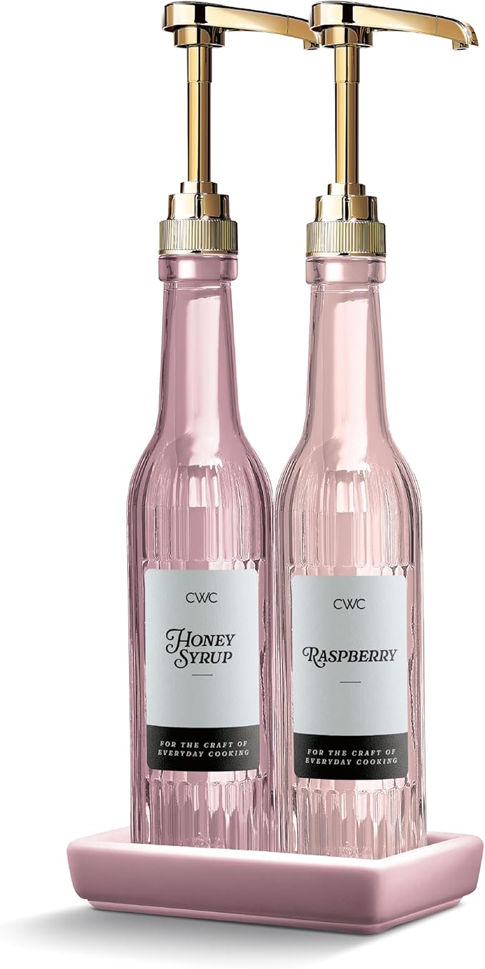COOK WITH COLOR Glass Coffee Syrup Dispenser with Pump- Set of 2 Syrup Bottles for Coffee Bar, Decorative 350 ML Bottle with Ceramic Holder, Funnel, Labels and Extra Pumps, Textured Pink