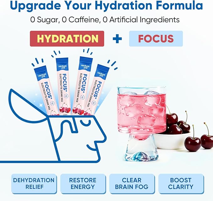 Venture Pal 2-in-1 Hydration Packets + Focus Support Electrolytes Powder, 7 Electrolytes + Vitamins, Magnesium, Lion's Mane & L-Theanine | Sugar Free Liquid Daily IV Drink Mix, Vegan, Keto, 16 Sticks