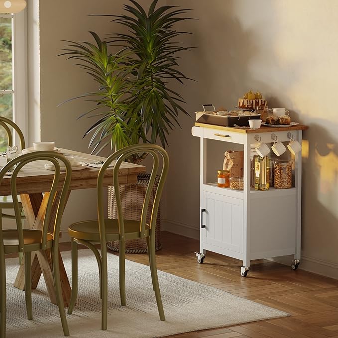 Kitchen Cart with Drawer, Small Kitchen Island on Wheels, Microwave Cart, Small Home Coffee Bar, Microwave Stand, Rolling Kitchen Island Cart with Side Hook, White