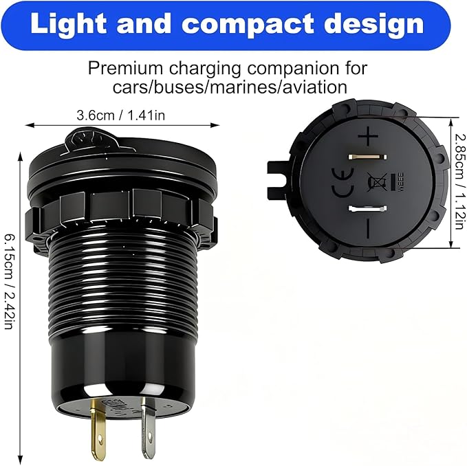12V USB Dual Port Quick Charge 3.0 and PD3.0 USB-C Car Charger Socket 12V Power Outlet Cigarette Lighter Replacement DIY Kit with Voltage Meter and Switch for Car, Boat, Motorcycle