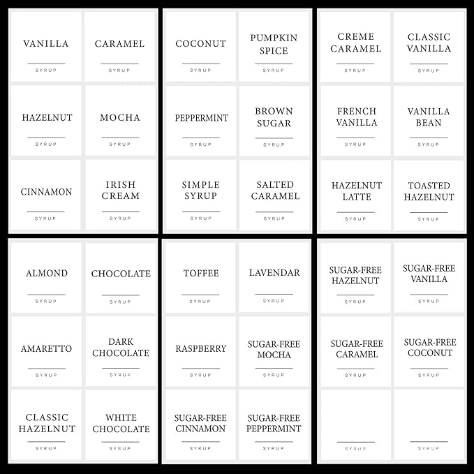 36PCS Coffee Syrup Labels,Minimalist Preprinted Coffee Syrup Stickers for Coffee Station,Waterproof White Coffee Bar Labels for Syrup Bottle & Dispenser Organization(2.5"x2.5")