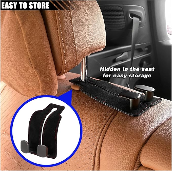 Car Seat Back Double Hooks for Headrest, Leather Car Back Seat Hooks for Purse and Bags, Upgraded 2 in 1 Purse Hook for Car Seat, Universal Vehicle Headrest Hangers for Car, Home (Black, 2PCS)