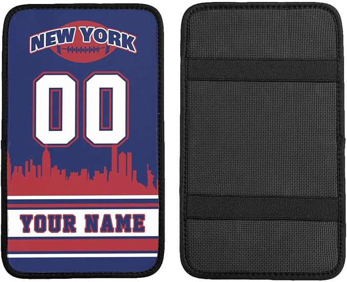 Custom New York Car Armrest Covers Personalized Football Style with Name Number Customized Auto Center Console Pad Car Handrail Box Cushion for Most Vehicle Decor Accessories, Fans Gift