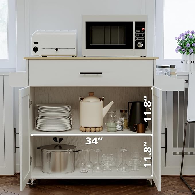 IRONCK Rolling Kitchen Island Table on Wheels with Drop Leaf, Storage Cabinet, Drawer, Spice/Towel Rack, Kitchen Cart, 47.25" Wide White