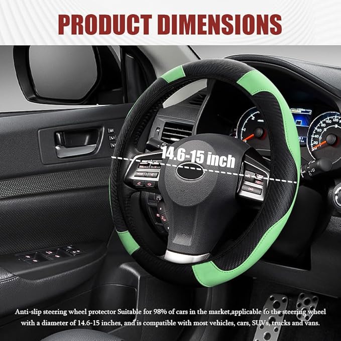 Car Steering Wheel Cover, Steering Wheel Protector, Universal 14.5-15 Inch Microfiber Leather Breathable Auto Steering Wheel Covers, Carbon Fiber Steering Wheel Cover for Women Men (Green)