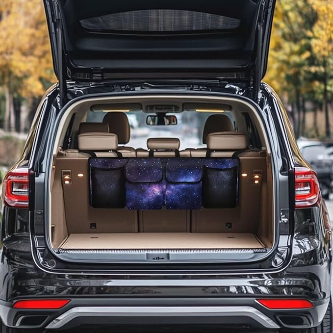 Purple Galaxy Car Trunk Organizers, 37.1" x 11.8" Backseat Hanging Organizer with 4 Storage Bag, Waterproof Car Organizer with Adjustable Strap, Road Trip Large Capacity Bag for Car SUV