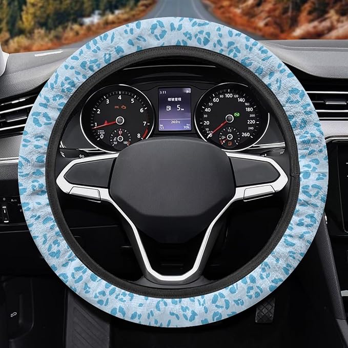 Universal Non-Slip Steering Wheel Cover, 15-inch Polyester Material Driving Accessories, Adjustable for Car and Truck(Light Blue Leopard)