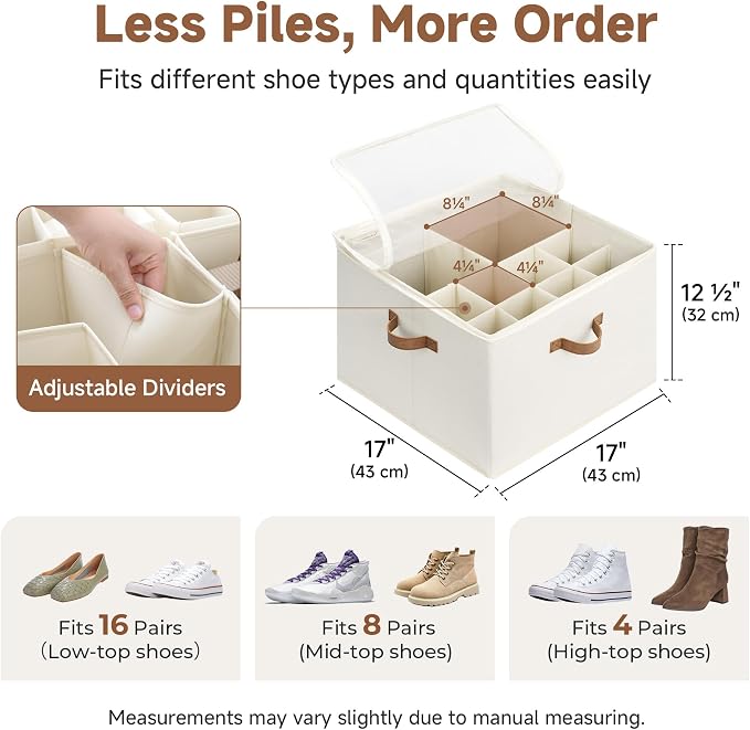 StorageWorks Shoe Organizer for Closet, Shoe Storage Cubby Containers with Adjustable Dividers and Clear Cover, Fits up to 16 Pairs, Foldable Shoe Storage Box for Closet, Entryway, Beige