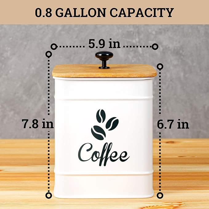 Airtight Coffee Canister - 40 oz Large Iron White Coffee Container Airtight - 6 x 8 inch Metal Jar - Stylish Countertop Container for Coffee Grounds, Beans, Pods & More with Rubber-Lined Bamboo Lid
