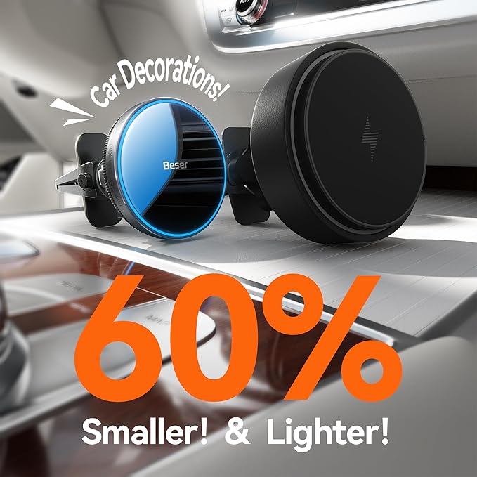 Beser for MagSafe Car Charger Mount, 15W Magnetic Wireless Qi Charger & Phone Holder, Dashboard/Vent Mount for iPhone 16/15/14/13/12 Mini Pro Max, Aluminum Alloy, Black