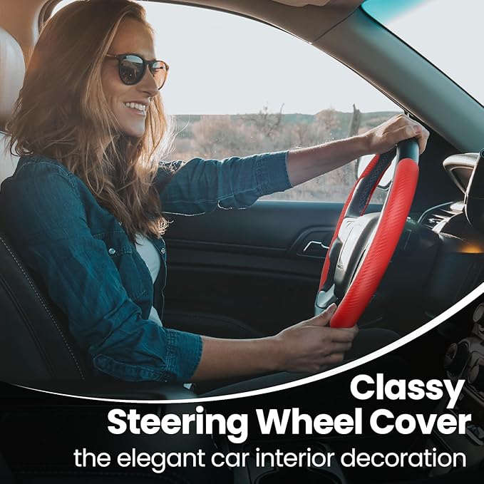 GSPSCN Universal Car Carbon Fiber Steering Wheel Cover Anti-Skid,Butterfly Steering Wheel Cover,Non-Slip Segmented Steering Wheel Protector,Fit for 99% Cars,Car Interior Accessories (Red)