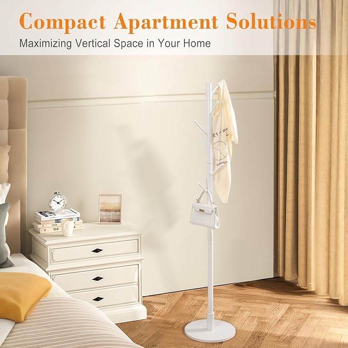 VECELO Coat Rack Freestanding, Entryway Hanger Stand, Umbrella Holder, Hall Tree With Hooks, Floor Standing Tree Stand,White