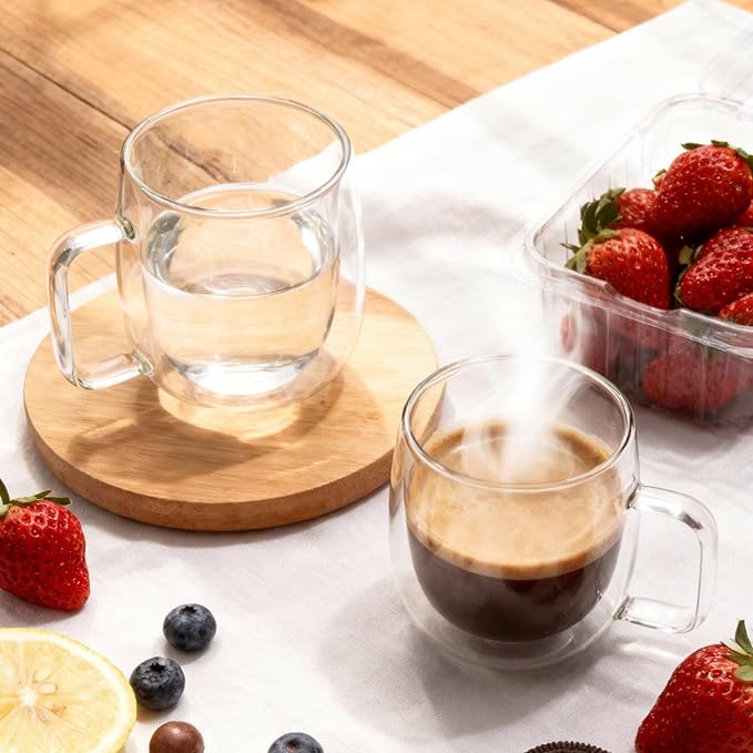 14oz Double Walled Glass Coffee Mugs, Insulated Clear Glass Cups with Handle for Latte, Cappuccino, Tea, Set of 2