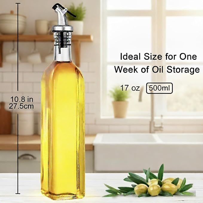 WERTIOO Olive Oil Dispenser Bottle, 3Pack 17 OZ 500ml Glass Oil Dispenser for Kitchen with 3 Pourer,1 Stainless Steel Funnel & 1 Pen and 8 Label for Kitchen