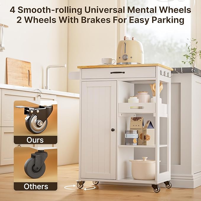 Gizoon Kitchen Island Cart with Removable Tray, 27.6''W Rolling Utility Trolley Cart with Drawer, Cabinet, Towel Rack, Hooks and 3 Open Storage Shelves, Mobile Storage Cart for Dining Room, Bar, White