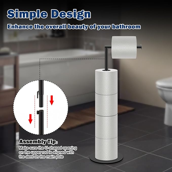 NearMoon Bath Toilet Paper Holder Stand- Modern Tissue Roll Holder Standing with Balanced Base, Rustproof Toilet Roll Holder for Bathroom/Kitchen Countertop (Matte Black, Metal Base)