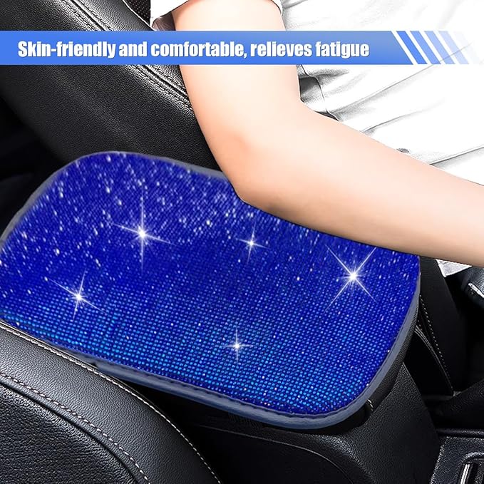11.9''×8.4'' Bling Car Center Console Cover, Crystal Rhinestone Arm Rest Protective Cushion Pad, Diamond Soft Elbow Pillow, Auto Interior Decoration Accessories for Women Girls (Blue)