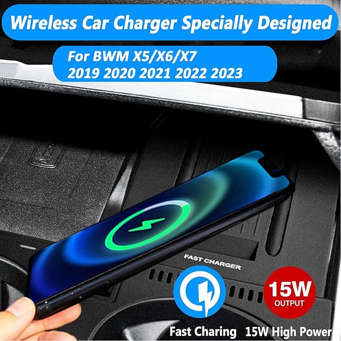 Wireless Car Charger for BMW X5 X6 X7 2019 2020 2021 2022 2023, 15W Fast Wireless Phone Charging Pad Support Original Car with NFC Center Console Wireless Charger