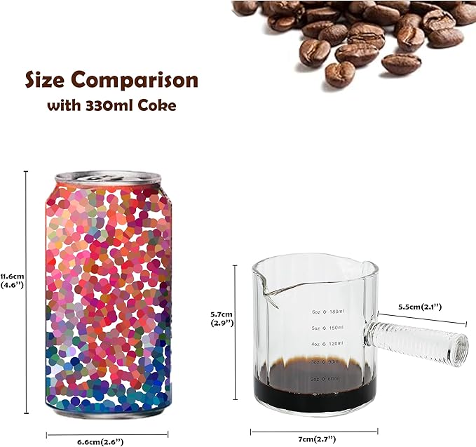 Glass Espresso Cup 6 OZ, Double Shots Measuring Cup with Glass Handle for Dishwasher Safe, Double V-Shaped Spout Milk Frothing Pitcher, Espresso Accessories for Machine, Demitasse Cups (Clear)