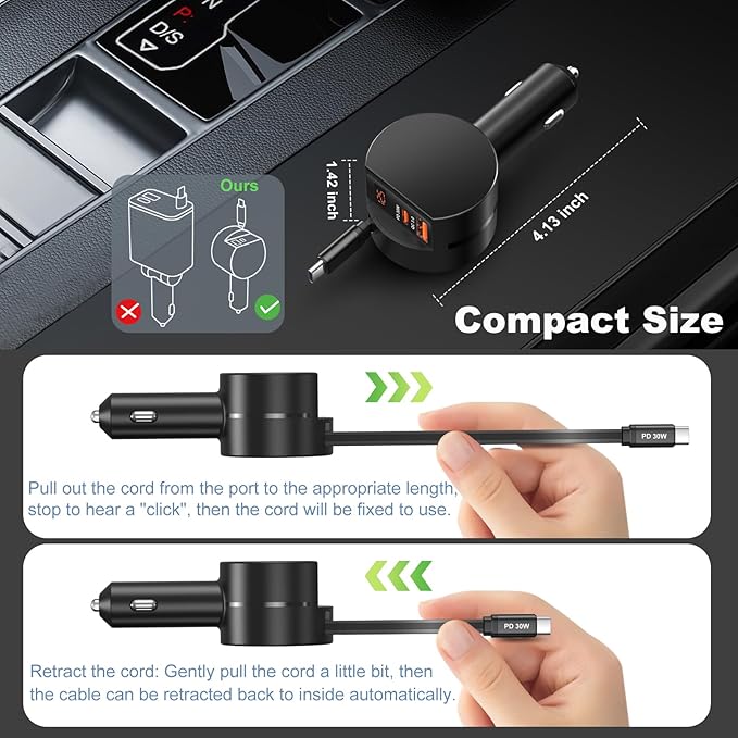 78W Retractable Car Charger USB C, OKRAY 3-Port 12v Cigarette Lighter Adapter PD30W Fast Charging Type C Car Phone Charger & Coiled USB C Cables for iPhone 17 Air 16 15 Pro, Samsung Galaxy S25 S24 A16