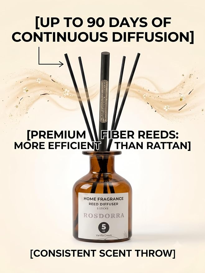 Reed Diffuser Set, Vanilla Cream Scent, 5 oz | Home Fragrance, 5 Sticks Included, Cozy sweet bean scent, 90 days fiber diffusion