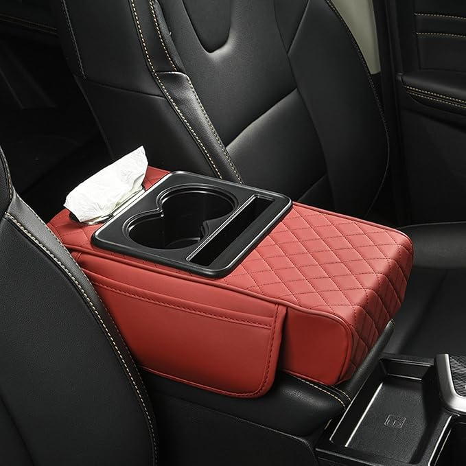 2025 New Auto Center Console Armrest Cushion with 2 Cup Holder, Car Center Console Armrest Pillow, Memory Foam Arm Rest Box Protector for Most Vehicles, Car Accessories (Red)