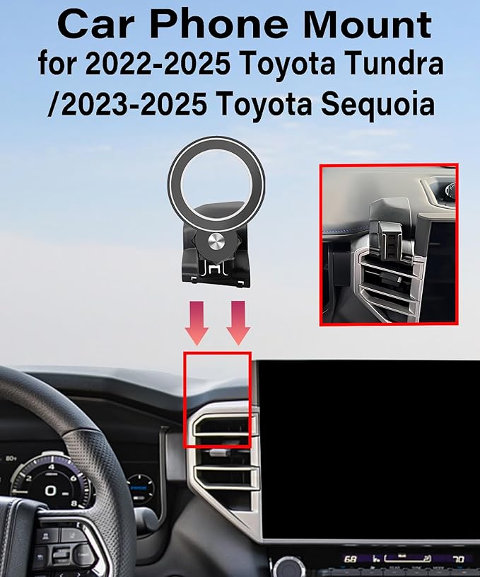 Magnetism Car Phone Holder for 2022-2025 Toyota Tundra / 2023 2024 2025 Toyota Sequoia Accessories Compatible with MagSafe Hands-Free 360 Degree Rotation Adjustable Cell Phone Mount
