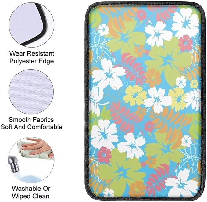 Hibiscus Flower Car Center Console Armrest Pad for Women Girls Breathable Soft Car Center Console Cover Seat Box Cover for Sedan, Van, SUV, Truck, Floral Cars Accessories