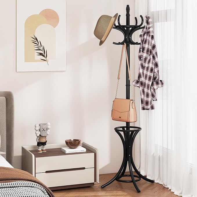 Giantex Solid Wood Coat Rack, Freestanding Hall Tree w/12 Hooks, Umbrella Holder, Entryway Hanger Stand for Coat, Hats, Scarves, Bags, Wooden Garment Rack for Bedroom, Hallway (Black)