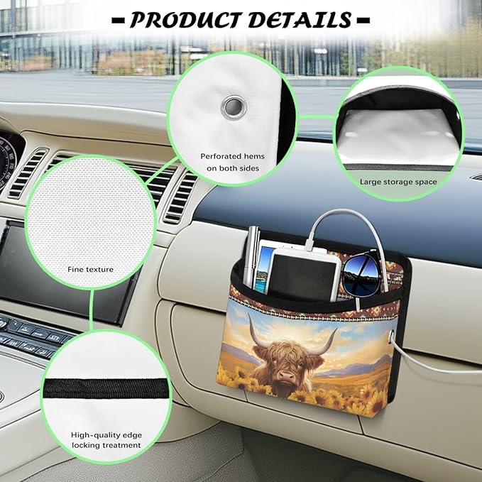 Aztec Highland Cow Car Side Pocket Organizer Universal Car Seat Side Pocket Pouch Auto Console Door Organizer Bag Holder for Phone Sunglasses Keys Multifunction for Most Cars SUV