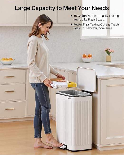 Lovewind 60 Liter/ 16 Gallon Stainless Steel Trash Can with Soft-Close Lid, Large Footstep Garbage Can with Roman Texture, Removable Inner Buckets, Recycling Bin for Kitchen Office, White