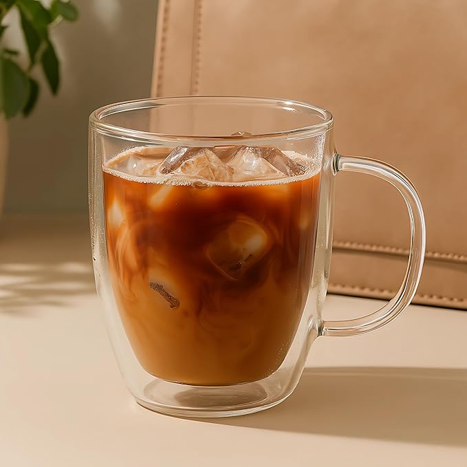 Lucco Double Walled Glass Coffee Mugs (Set of 4) - 12 oz Borosilicate Cups for Hot or Cold Drinks, Insulated Latte, Tea & Espresso Cups
