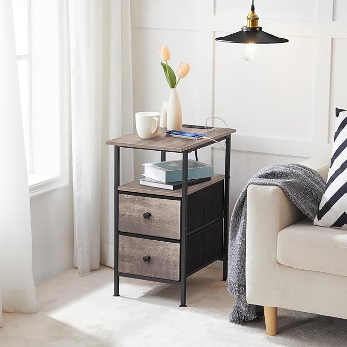 HOOBRO End Table with Charging Station, Narrow Side Table, Nightstand with 2 Non-Woven Drawers, Slim Sofa Side Table, for Small Spaces, Living Room, Bedroom, Greige and Black BG486UBZ01