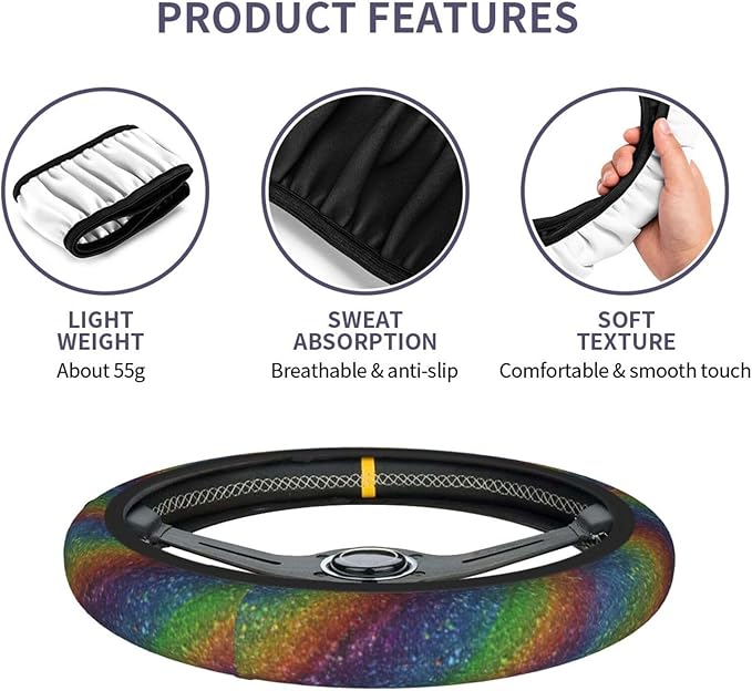 Rainbow Steering Wheel Cover Elastic Non-Slip Car Steering Wheel Covers with Seat Belt Shoulder Pad for Women Men