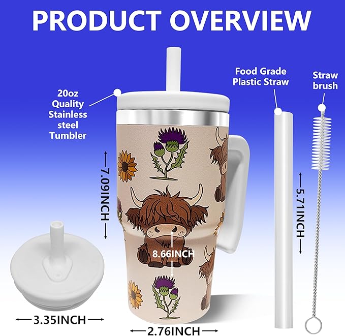 2PCS 20-OZ Insulated Water Bottle,Insulated Stainless Steel Tumbler,Reusable Cold Drink Thermos,BPA-Free, Double-Wall Stainless Steel Water Bottle (Cream-Higland cows, 20, Fluid Ounces)