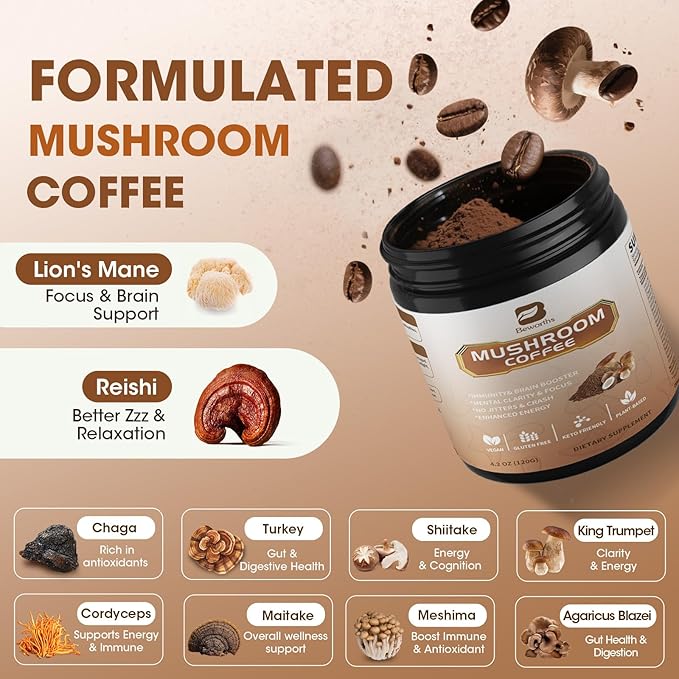 Mushroom Coffee Powder with MCT Oil - 10 Mushrooms Lion's Mane, Turkey Tail, Reishi, Cordyceps & Chaga - Arabica Instant Mushroom Coffee for Focus, Immune, Gut & Brain Health | Vegan, Keto