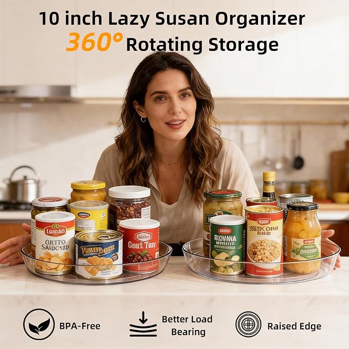 4 Pack Lazy Susan 10 inch Turntable for Spice Organization | Clear BPA-Free Plastic Rotating Organizer for Kitchen Cabinet, Pantry, Countertop, Fridge | 360-Degree Rotating Base