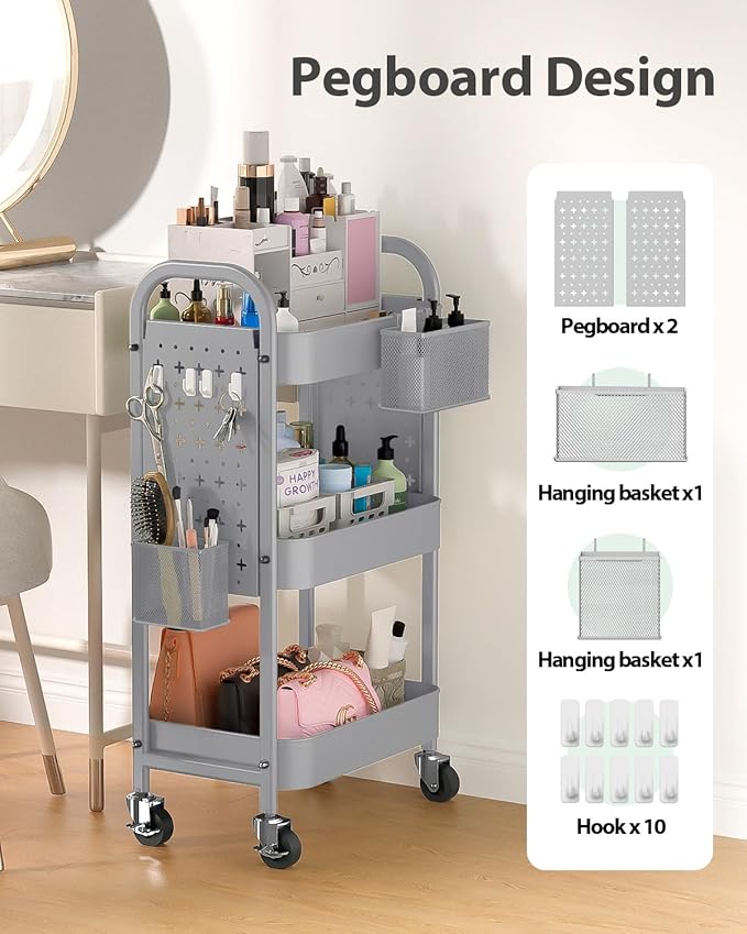 ALVOROG 3 Tier Rolling Cart with DIY Pegboards Metal Utility Cart with Wheels Handles Baskets Hooks, Craft Cart for Office Kitchen Bathroom(Light Gray)