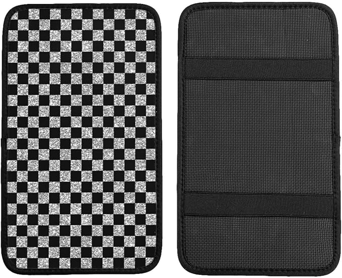 Glitter Gray Black Checkered Chessboard Flag Car Armrest Pad Cute Cars Center Console Cover Auto Handrail Box Cushion Armrests Cover