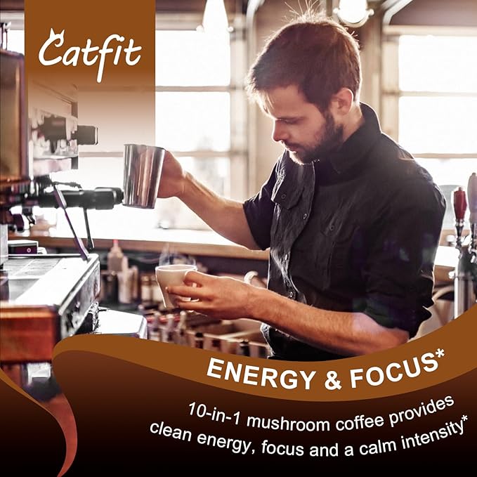 Catfit Instant Mushroom Coffee Powder, 10-in-1 Adaptogen Blend with Lion's Mane, Chaga & Cordyceps for Energy, Focus, Gut Health & Immune Support - 240g, 75 Servings