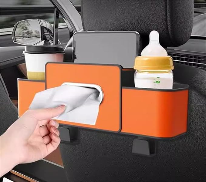 Car Organizers and Storage Box Behind Seat, Car Organizer Back of Seat, 4 in 1 Multifunctional Cars Organizer, For Snacks, Drinks, Bag Hook, Keep Tidy & Organized (White+Orange)